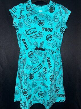 Marvel Amazon Essentials Girls Teal Dress With Superhero Print Size M (8 Years)